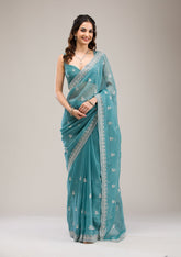 Teal Tissue Saree with Silver Zariwork – Elegant & Sheer Ethnicwear